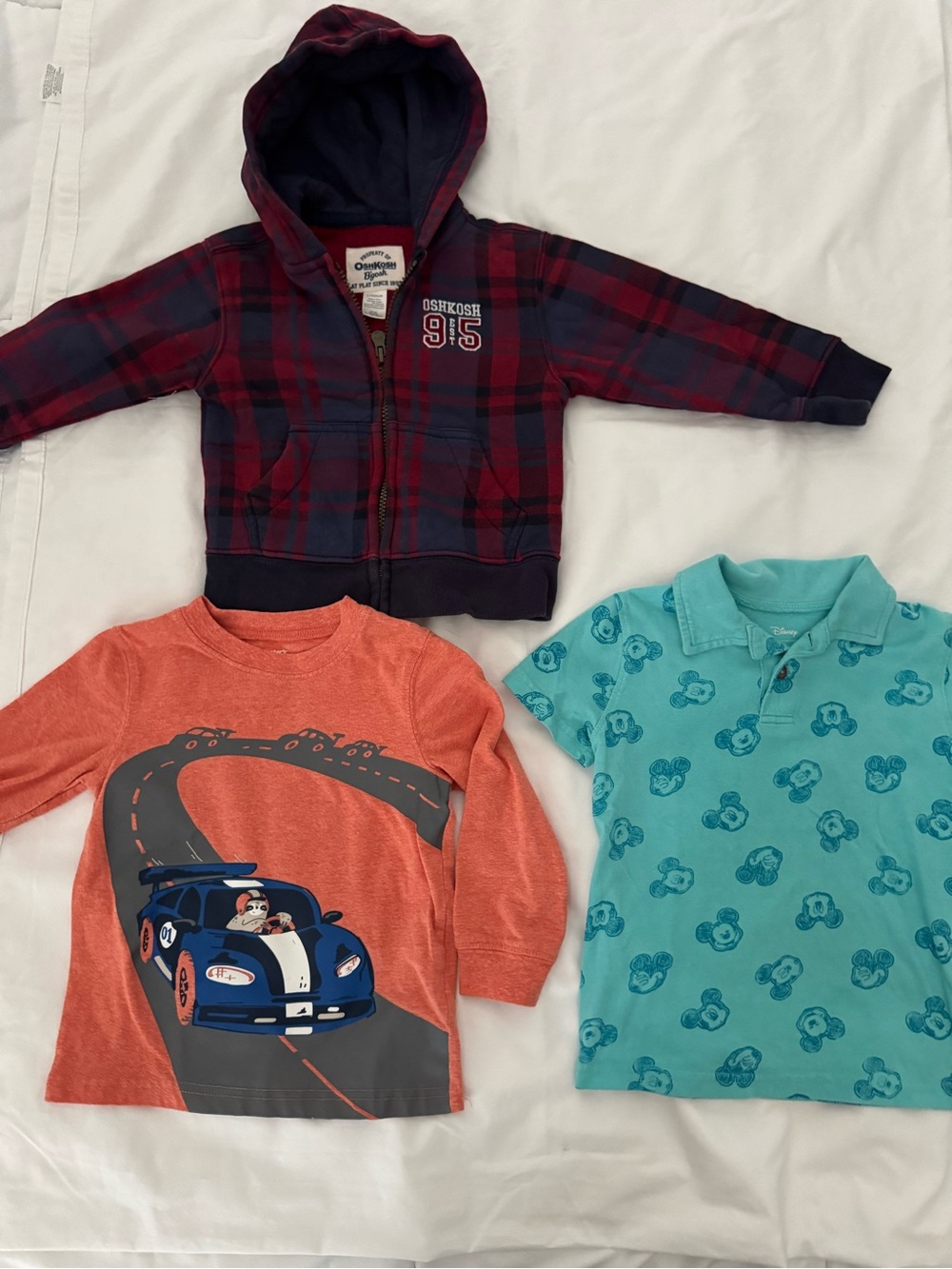 3pc Toddler Boy Top Lot Size 3T OshKosh Plaid Hoodie Carters Disney Mickey Polo